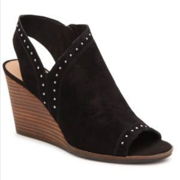 Lucky Brand Ulyssas Black Suede Leather Peep‎ Toe Wedge Booties in Size 7.5- EUC - Picture 1 of 12